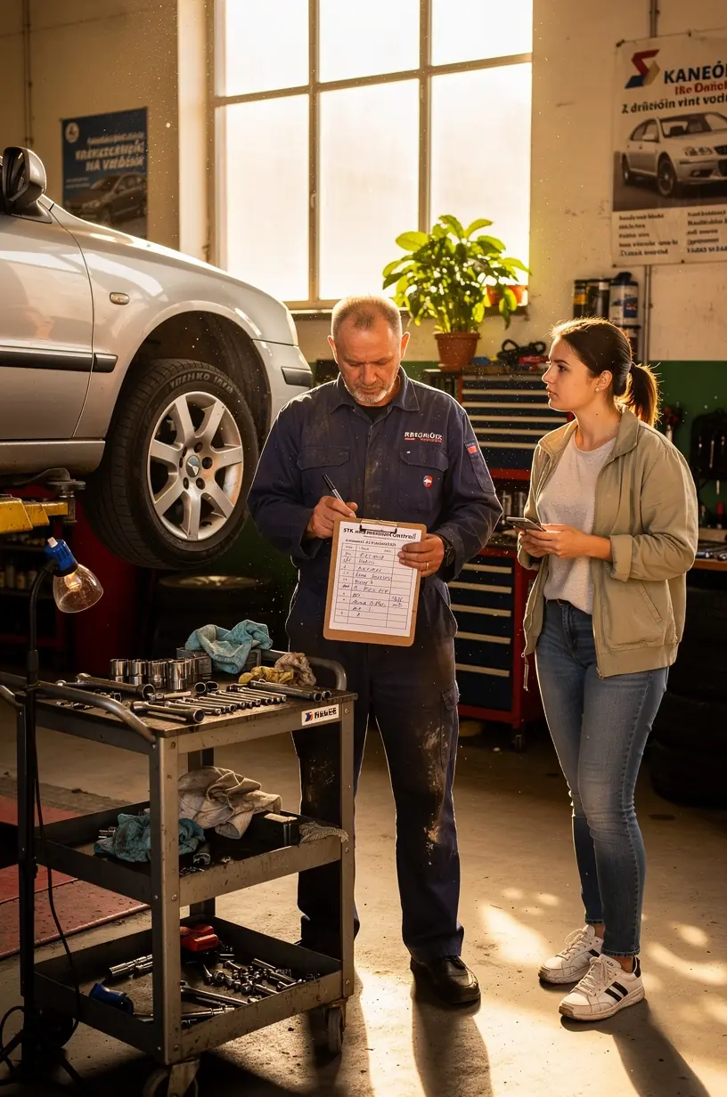Mechanik kontroluje vozidlo pred STK a emisnou kontrolou, používa kontrolný zoznam na identifikáciu bežných problémov pre súkromných majiteľov áut.